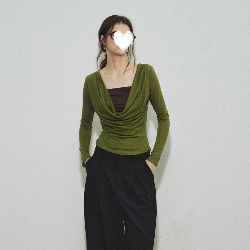 YIDENG气质慵懒感荡领女装2025秋季新款撞色假两件长袖T恤上衣潮