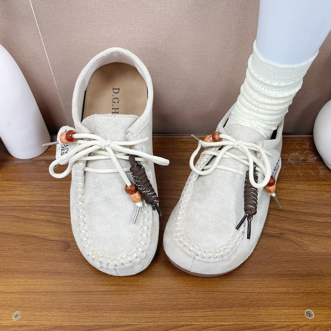 6666米色复古勃肯鞋女2025秋季新款时尚系带休闲鞋百搭软底女单鞋