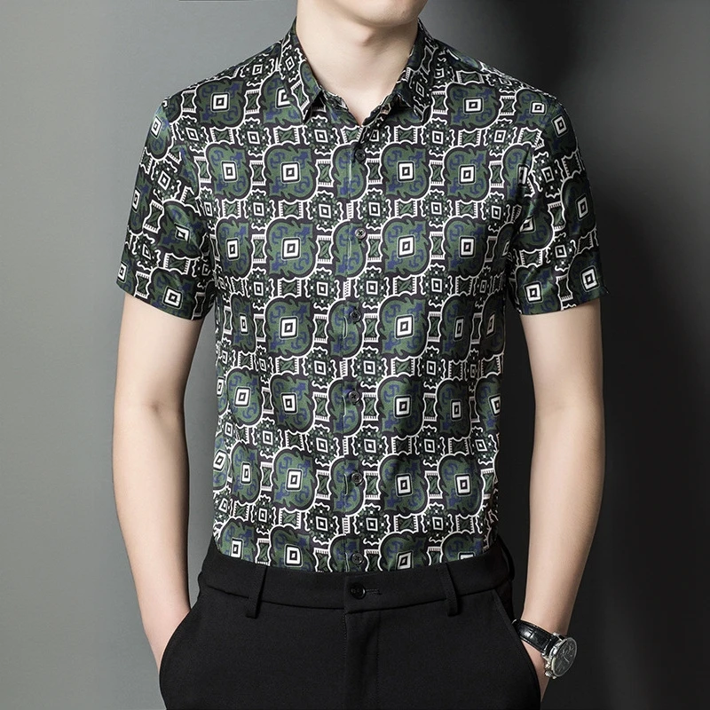 赫柏纪逸重磅桑蚕丝真丝绿格新款高端透气商务休闲男士短袖衬衫