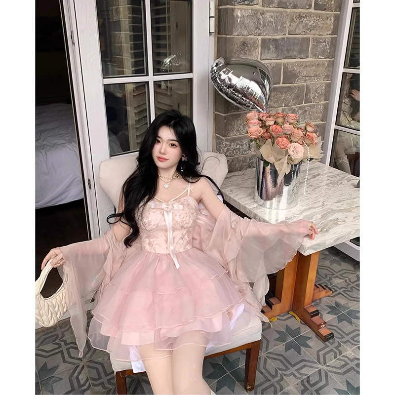 蕾丝上衣辣妹少女风法式拼接旗袍套装吊带裙裙子时尚套装春日裙子