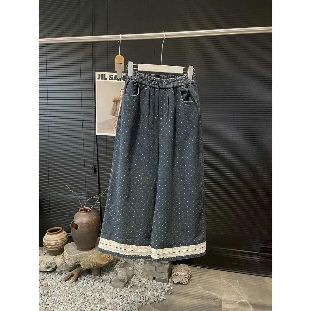 蕾丝边波点牛仔九分裤5626（清）