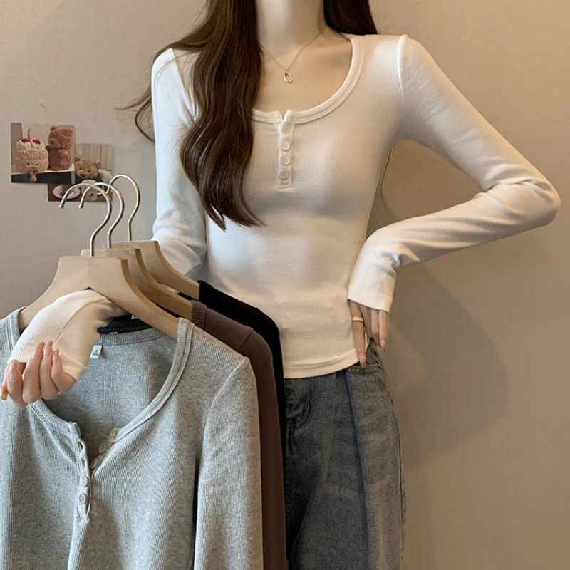 纽扣打底衫上衣长袖设计感显瘦修身显瘦2025新款圆领韩版开襟热卖