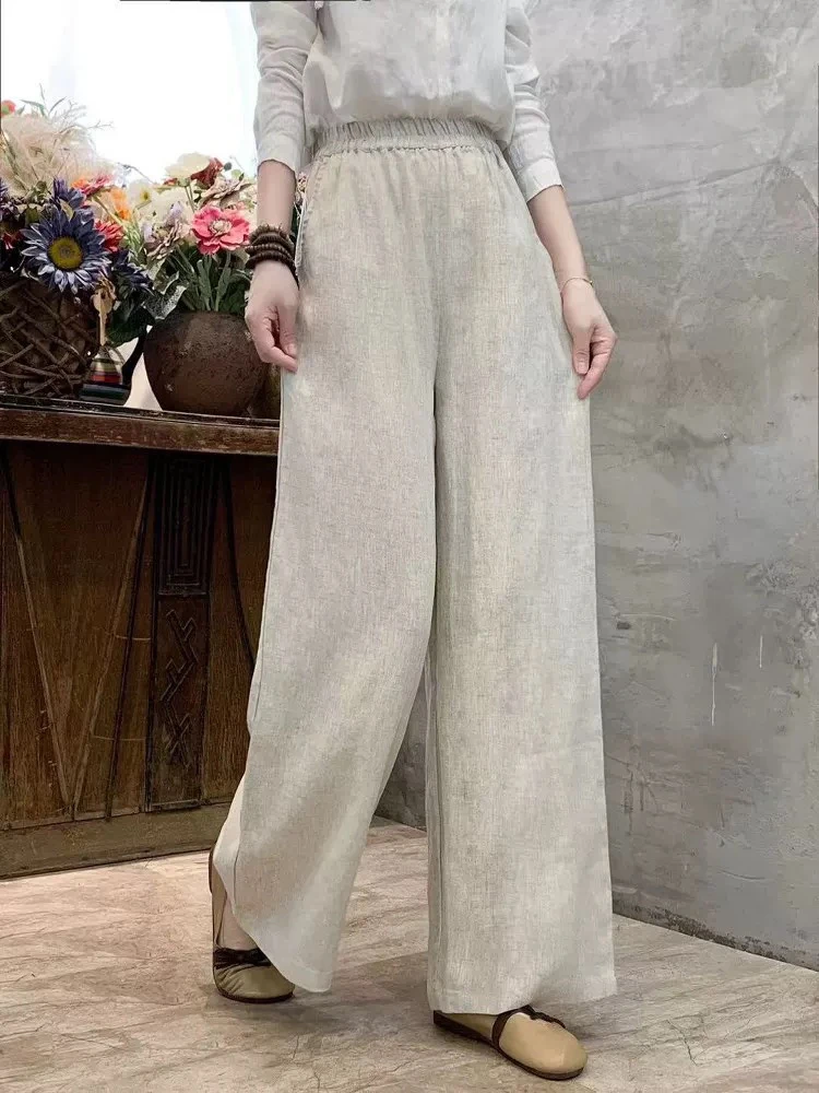 【瑜妹妹】女神亚麻显瘦直筒裤阔腿裤女2025夏季亚麻松紧腰宽长裤子