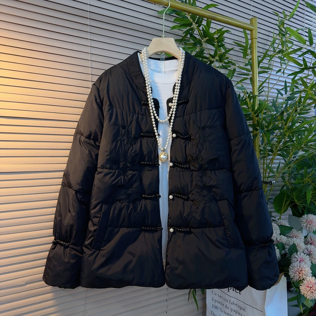 2377胖mm欧货新中式复古盘扣刺绣花朵设计感气质百搭棉服外套