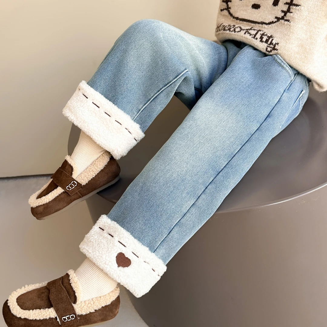 女童加绒裤子冬季新款加厚直筒牛仔裤儿童中大童秋冬宽松弹力长裤