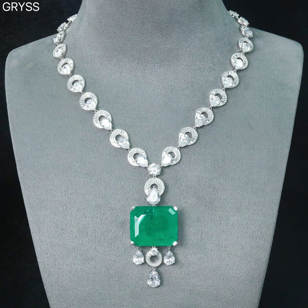坠链均925银莫桑石 GRYSS 奢华孔雀水滴枕形方祖绿银项链YJCY307