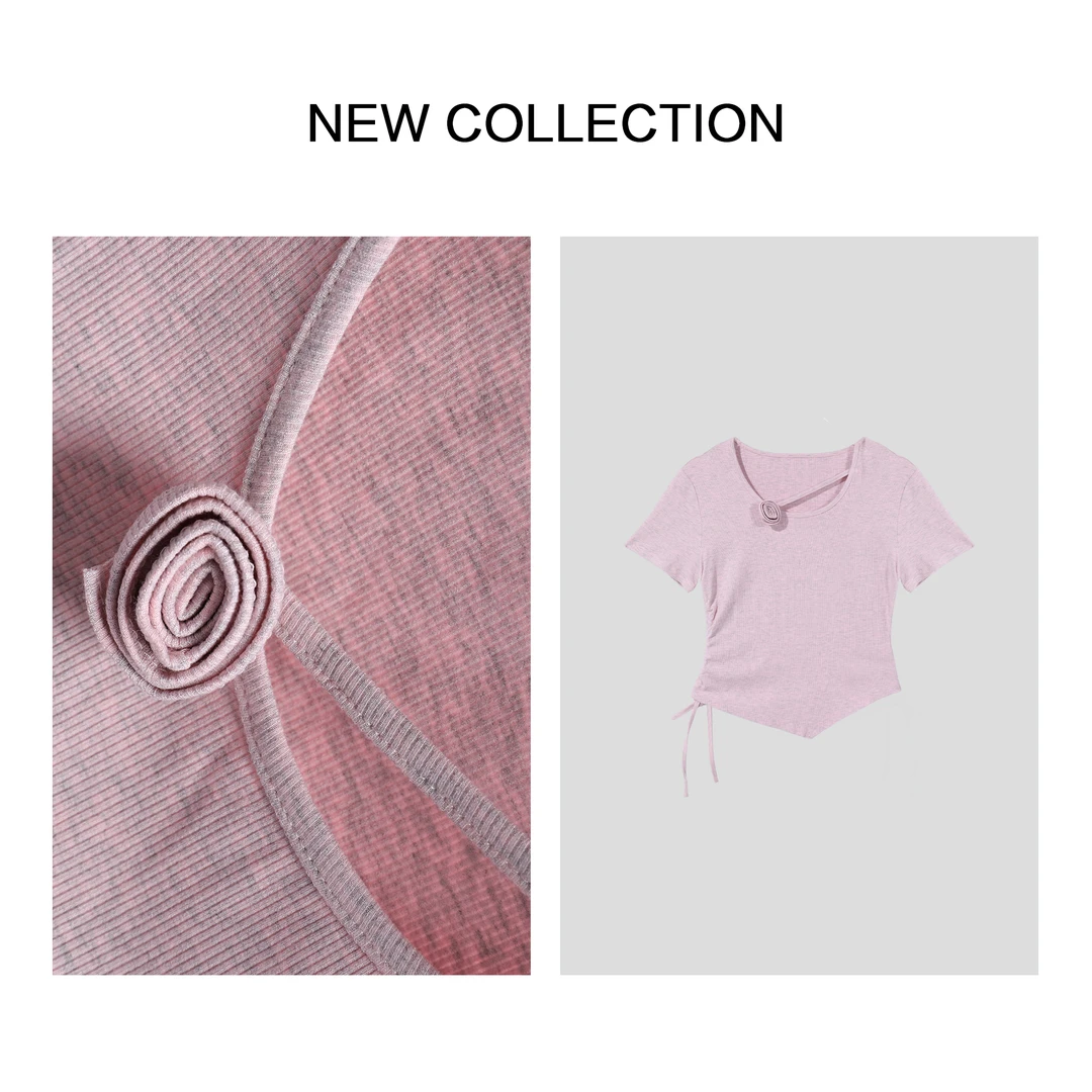 【小依专享】T3F38001A 清新粉色花朵装饰短袖T恤-8001