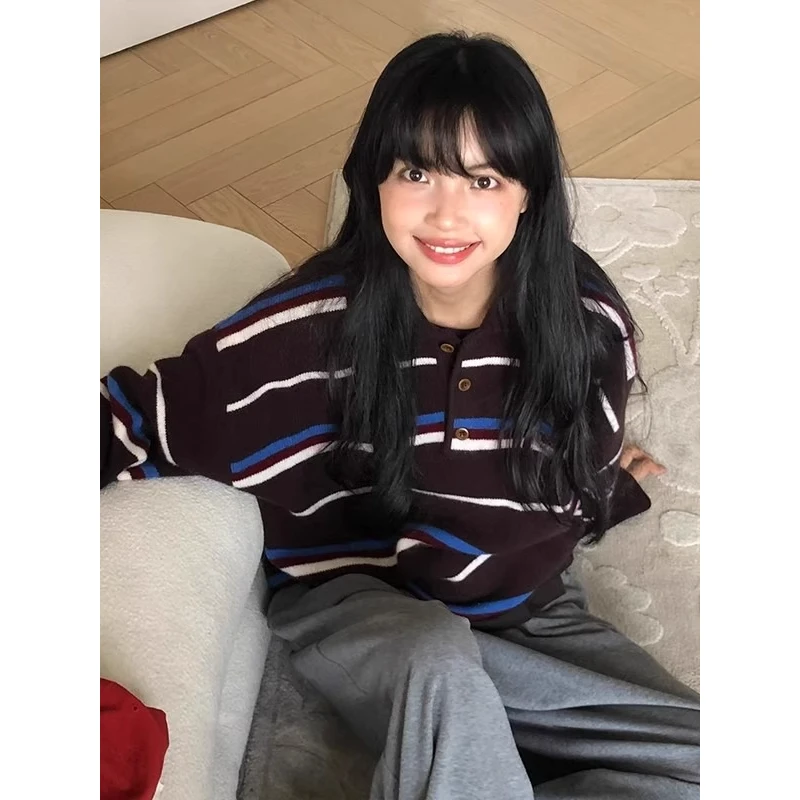 2025秋冬新款简约百搭韩系休闲复古条纹针织毛衣女polo领撞色上衣