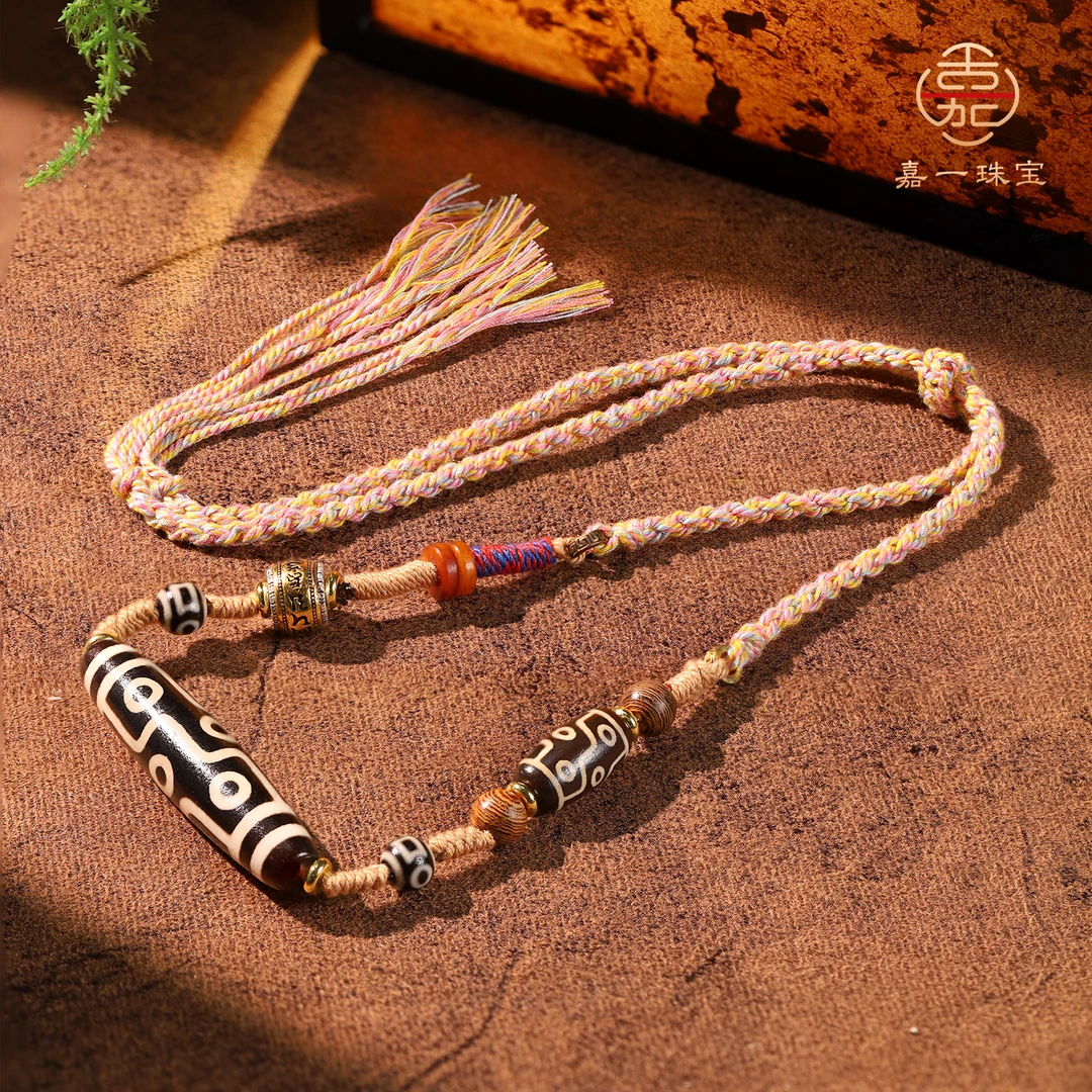 【嘉一珠宝】九眼玛瑙天珠项坠设计手工编绳新中式民族风男女款项链