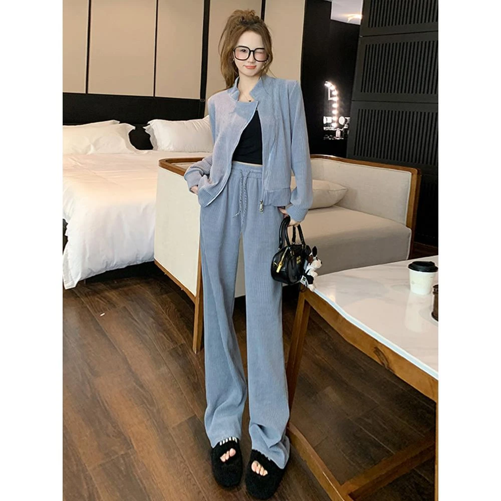 盐系休闲运动套装女春季新款减龄气质灯芯绒短外套阔腿裤两件套潮