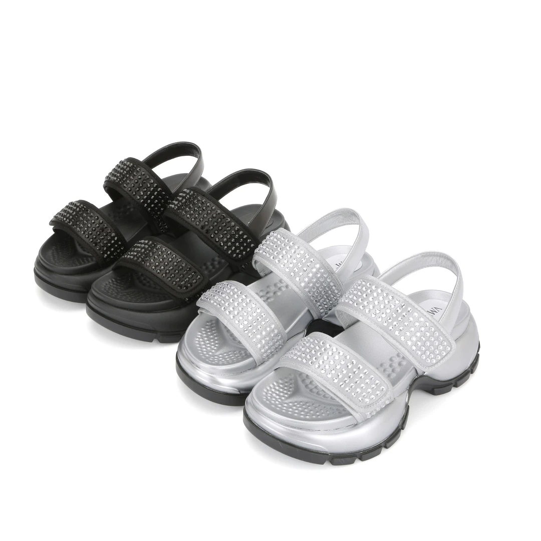 VME/舞魅新款时装水钻露趾百搭高跟坡跟舒适休闲凉鞋VS25B6996