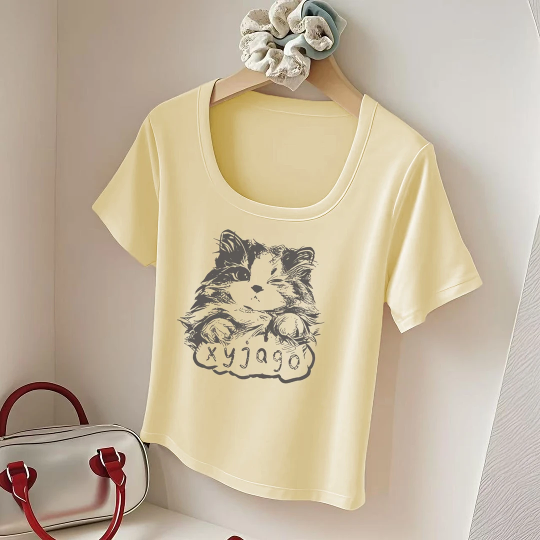 短款t恤印花方领打底短袖女士休闲时尚短袖纯棉T恤洋气百搭上衣女