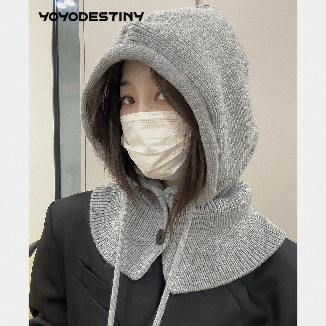 东大门巴拉克拉法帽子女冬季保暖帽子围脖一体情侣护耳毛线针织帽