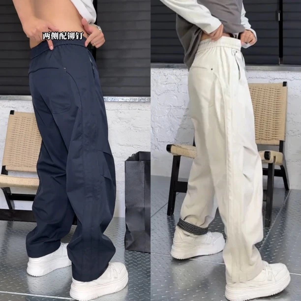 秋季新款美式拼接卷边格纹休闲弯刀裤男时尚潮流百搭宽松工装裤