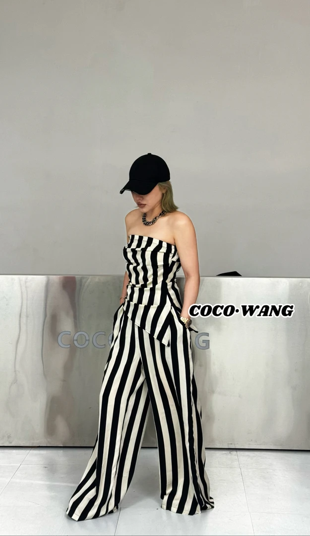 C·W【夜晚的香槟】高个子条纹复古小众套装宽松斑马纹夏季0221