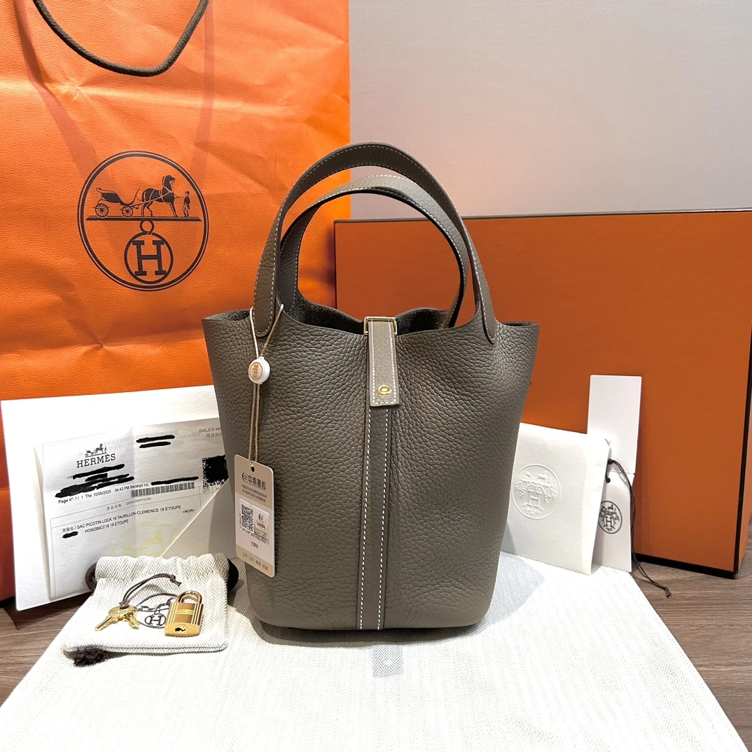 99新 Hermes/爱马仕 大象灰金扣菜篮子18手提袋 92141