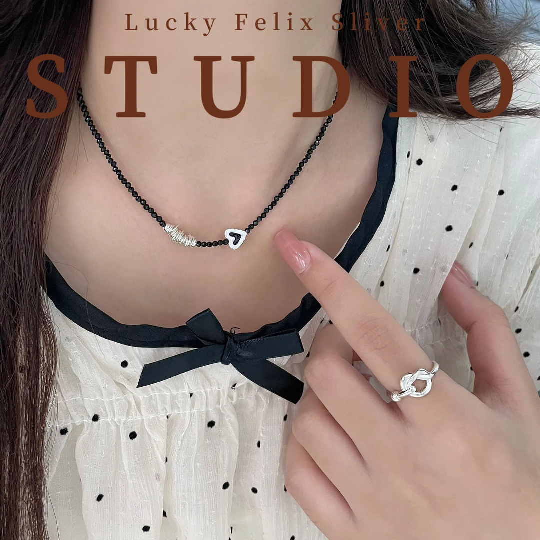 坠链均925银  L&F【轻舞飞扬】通体银碎银子黑色桃心ins百搭锁骨链