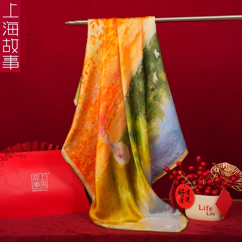 上海故事2024新款真丝100%桑蚕丝大方巾礼盒送长辈花园里的女孩