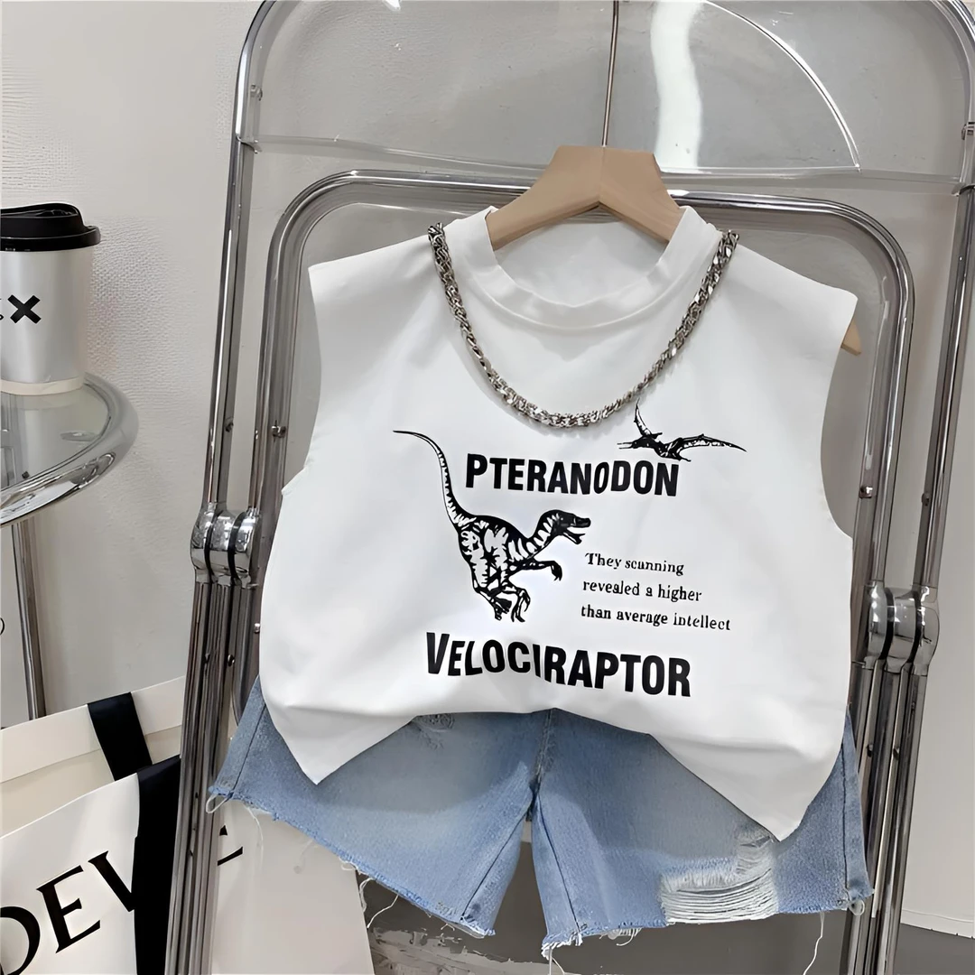 夏装儿童新款帅气男童纯棉无袖宽松体恤卡通图案背心t潮款上衣薄