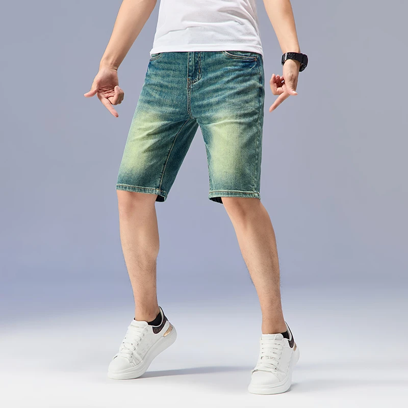 夏季百搭薄款天丝五分牛仔裤男士短裤轻奢高端水鬼绿弹力休闲中裤