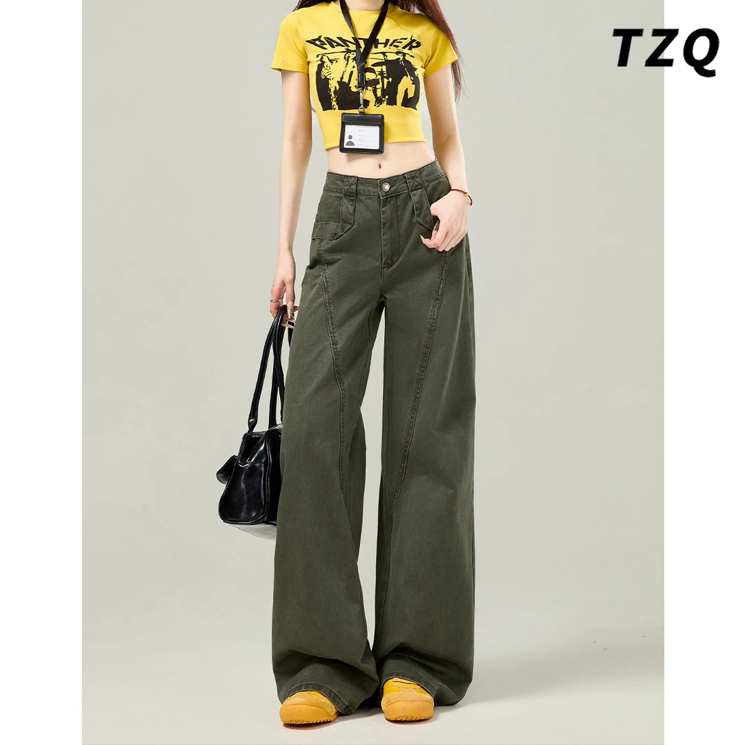 军绿色美式牛仔裤宽松小个子女款2025春夏新款工装裤子TZQ2532438