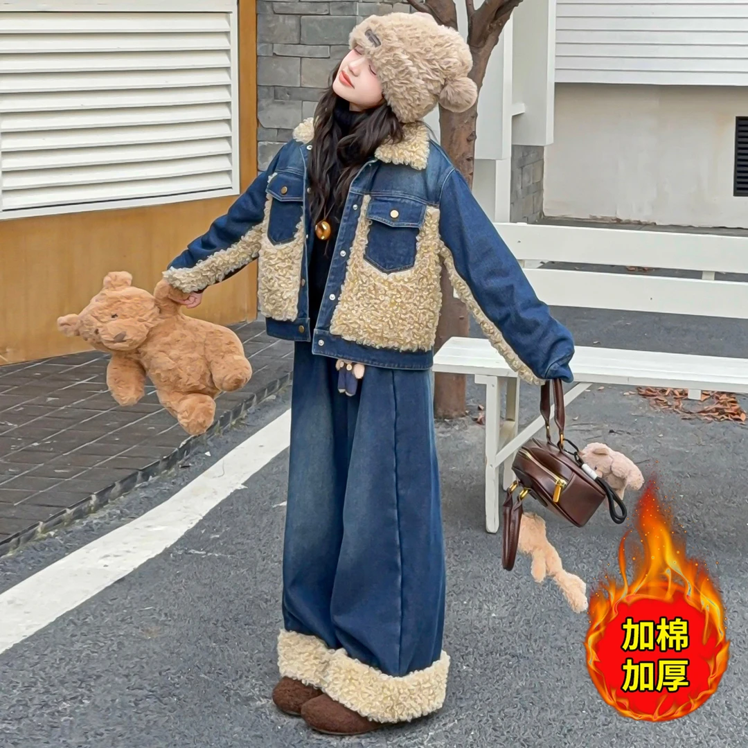 女童冬季套装2025新款儿童夹棉加厚外套大童超好看牛仔裤子两件套