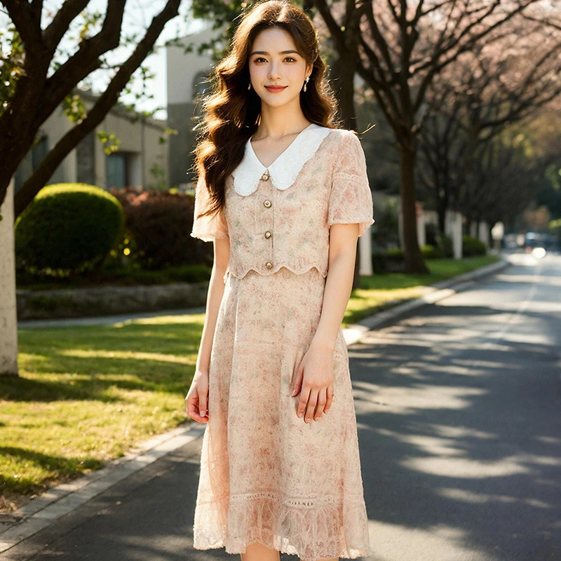 奢姿2025年春季新款大码女装胖妹妹法式复古收腰显瘦碎花连衣裙