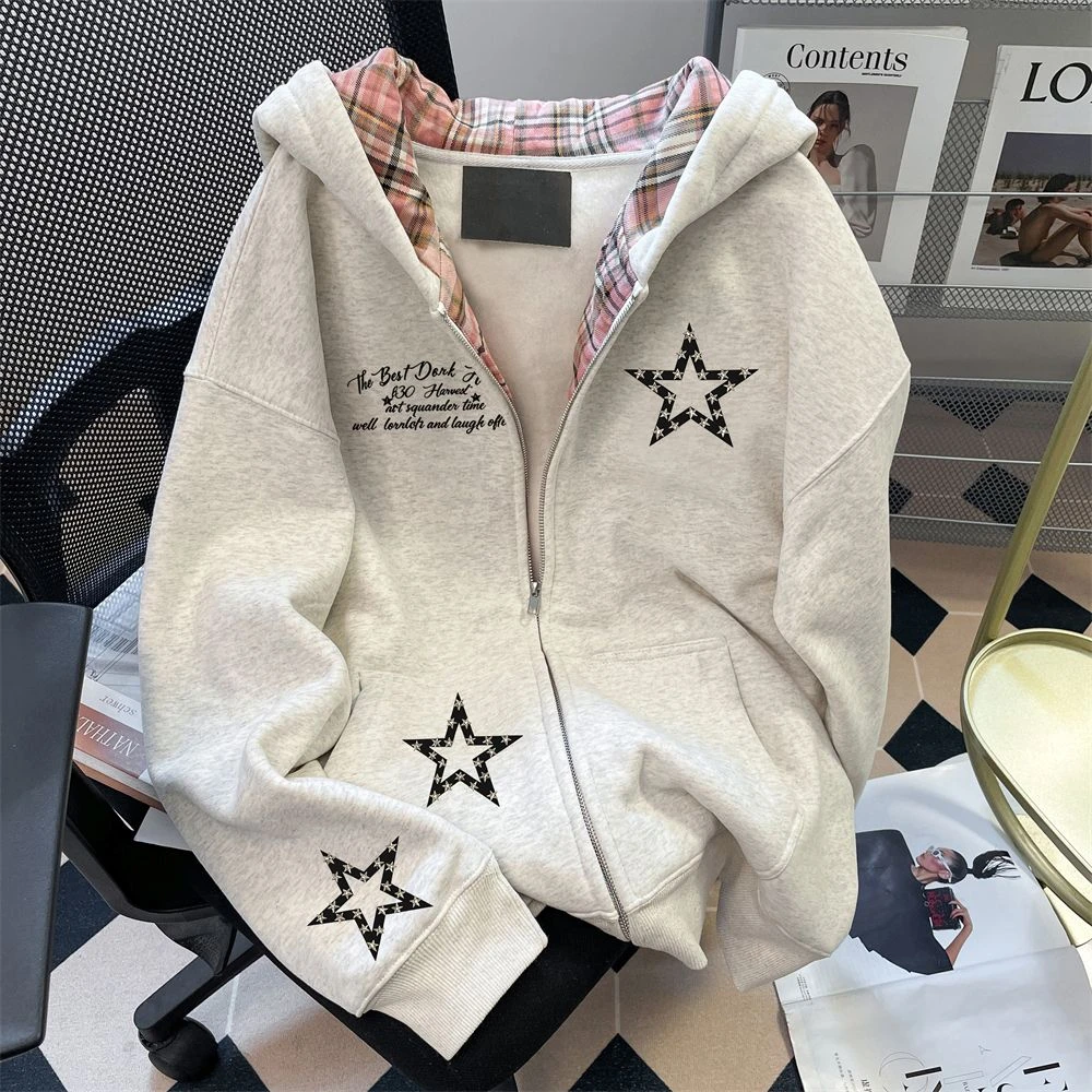 美式高级感chic别致格纹星星连帽卫衣开衫女独特秋冬外套
