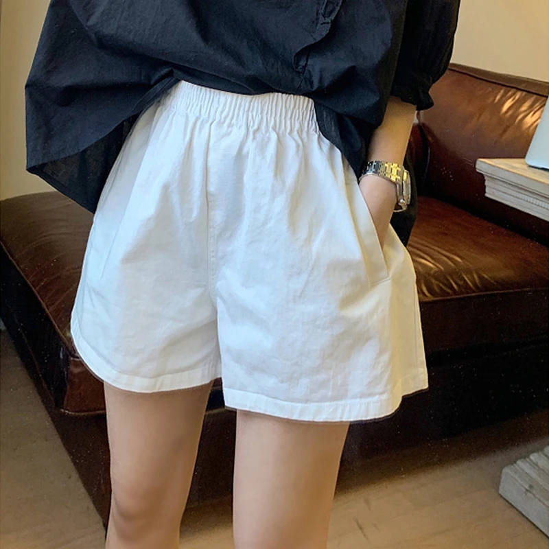 2025新款夏季松紧腰纯色短裤女阔腿高腰休闲百搭a字显瘦宽松白色