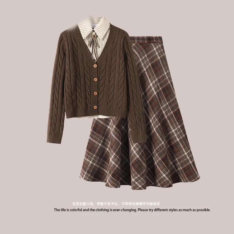 秋冬季学院风假两件毛衣开衫高腰毛呢半身裙子美拉德穿搭显瘦套装