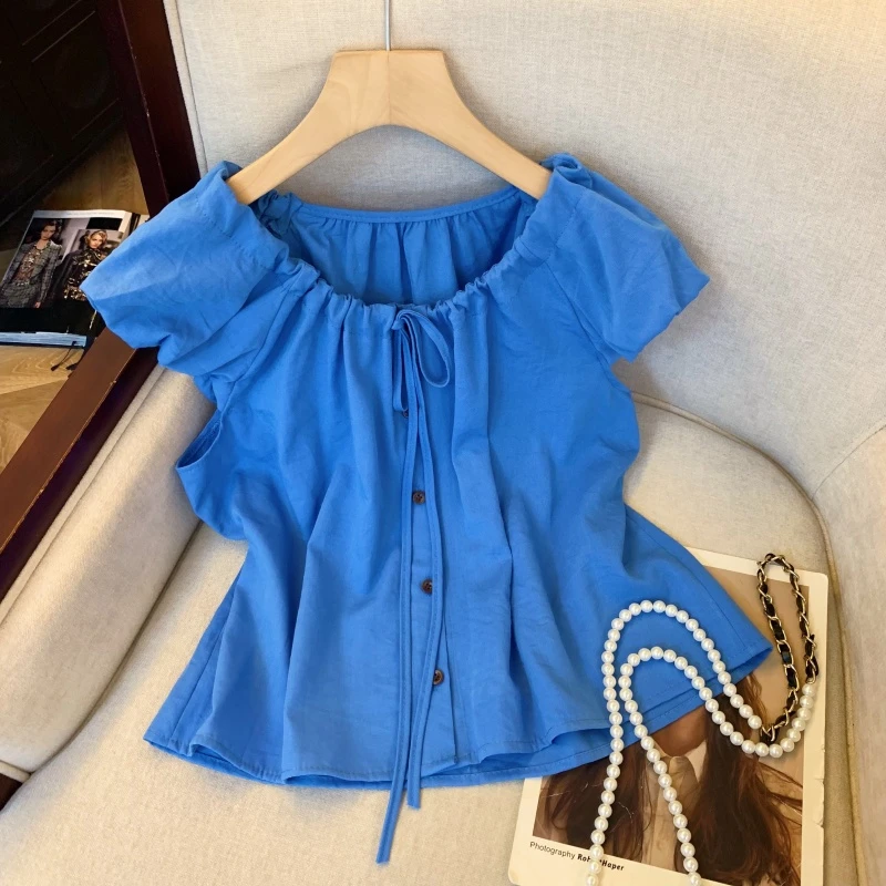 QianJiaer蓝色甜妹风系带小飞袖白衬衫2025夏季法式遮肚子宽松雪