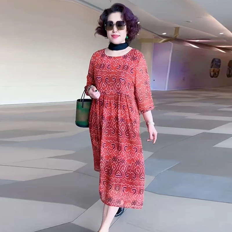 524夏季新款复古花乔其纱连衣裙宽松大码洋气减龄显瘦过膝中长裙
