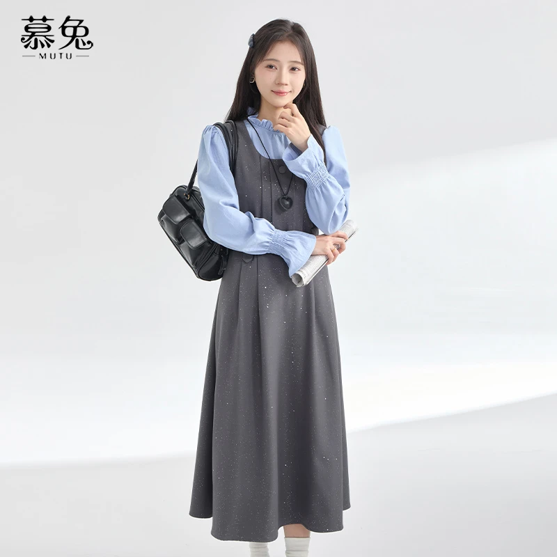 慕兔法式气质收腰背心连衣裙女2025春季新款木耳边长袖衬衫两件套