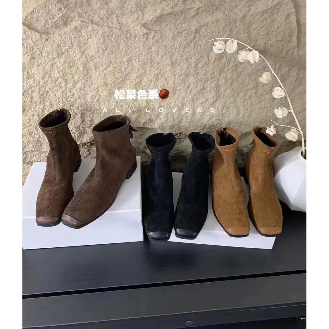 低跟秋冬新款方头粗跟后拉链瘦瘦短靴9361(不加绒)