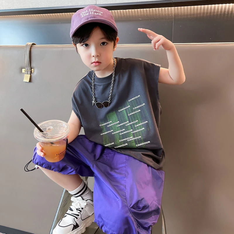 夏季男童棉质无袖圆领字母潮酷儿童背心中大童运动背心时尚薄款