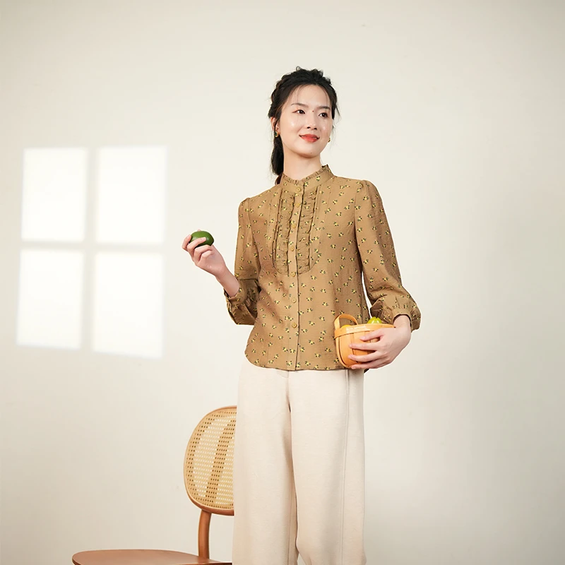 LQCXD3布符秋季木耳边泡泡袖衬衫时尚雅百搭休闲