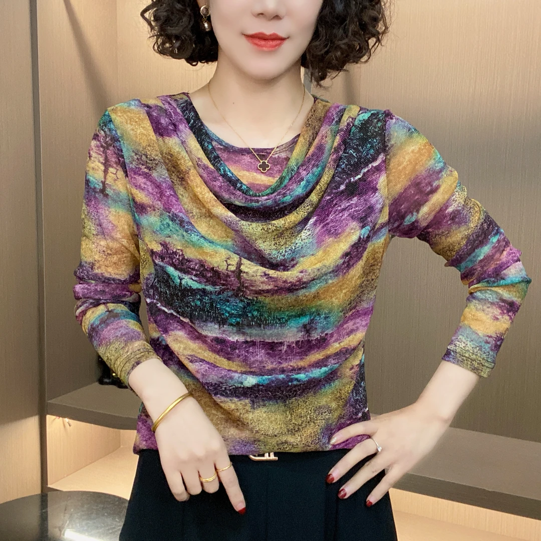 爆款夏装时尚女装气质显瘦时尚短袖堆堆领印花百搭中老年妈妈装