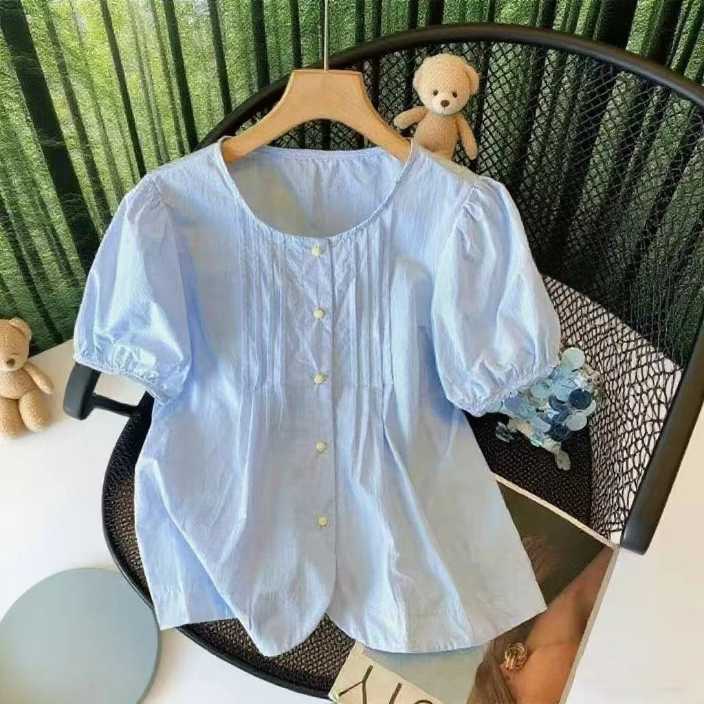 圆领泡泡短袖衬衫女夏宽松显瘦压褶上衣小个子衬衣