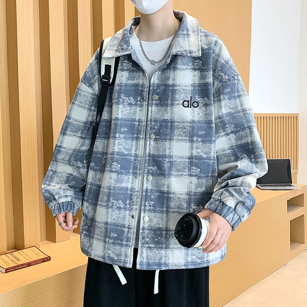 几何长袖青少年韩版免烫男春秋季格子帅气学生宽松休闲潮流夹克