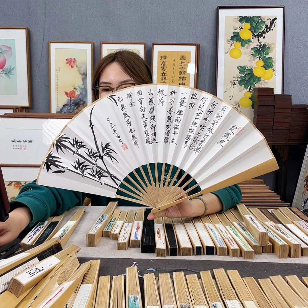 国画10寸玉竹-纯手绘-文玩扇骨（默认粘好）定风波瘦金体