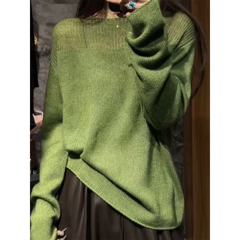 【现货】绿色花纱毛衣内搭秋季款圆领针织衫小香风上衣宽松针织衫女