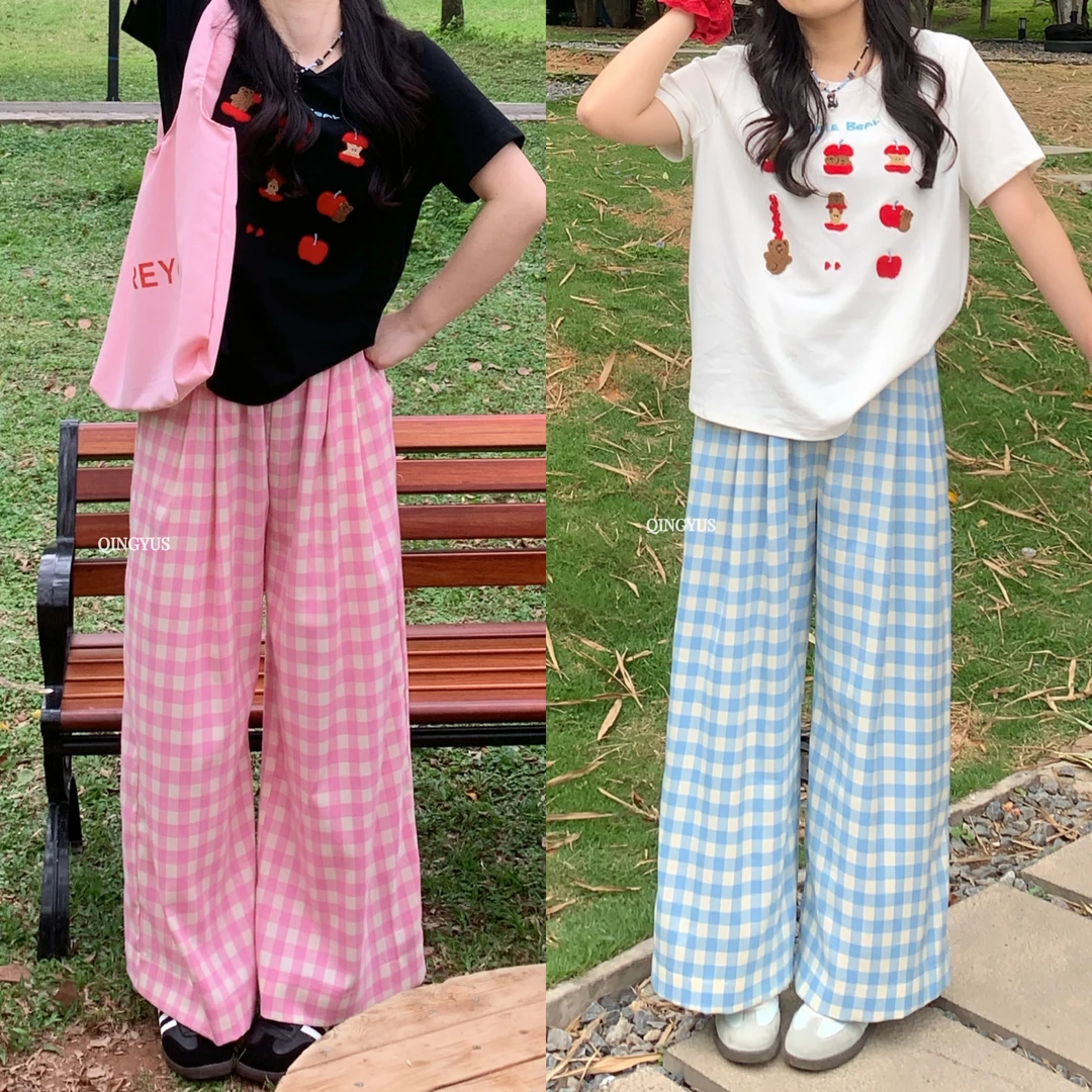 青屿衫-百搭宽松阔腿格子裤减龄高腰裤子微胖显瘦大码女装春季