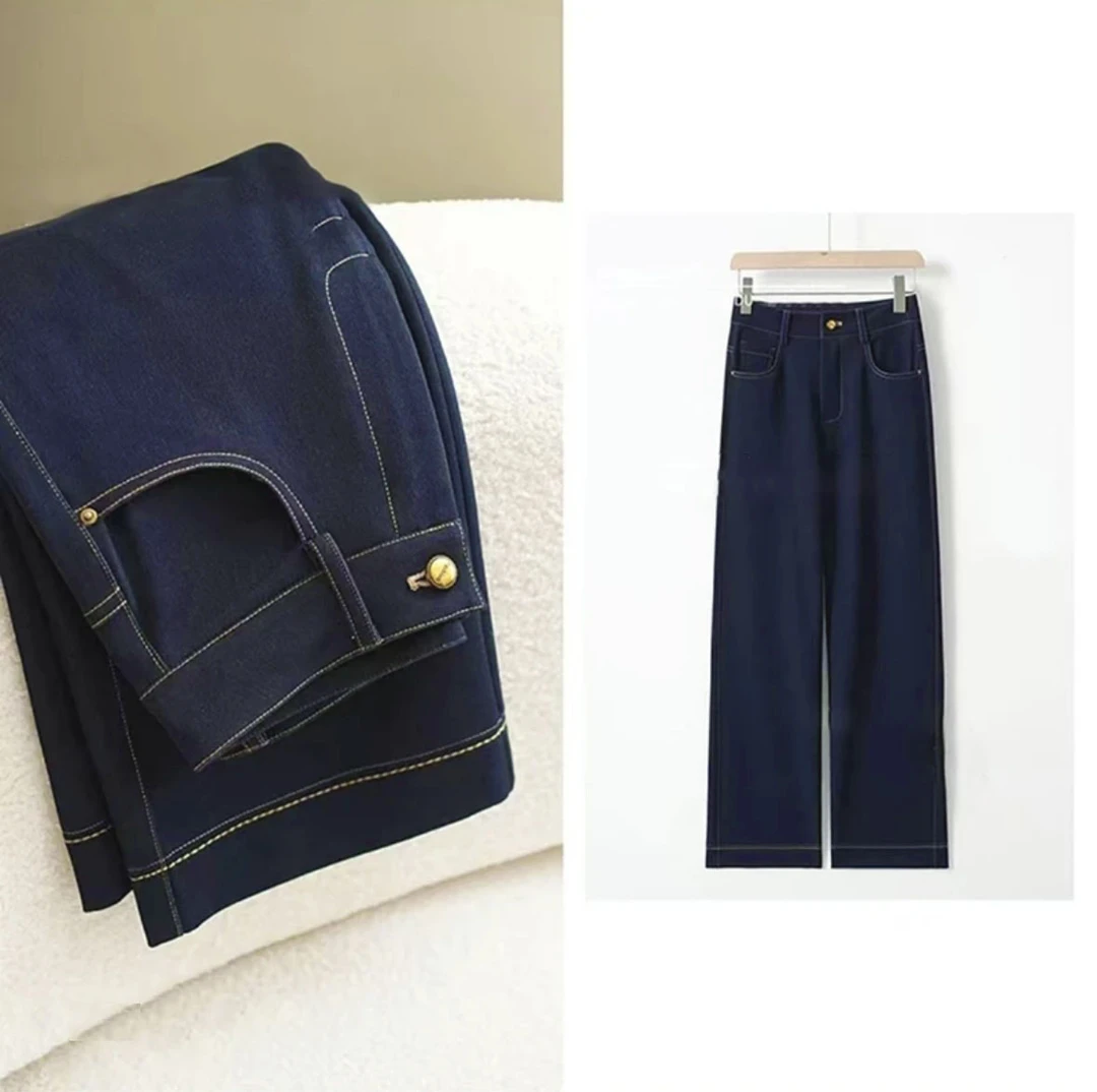 A专柜正品蚕 丝百搭显瘦窄版阔腿裤直筒牛仔裤5096款