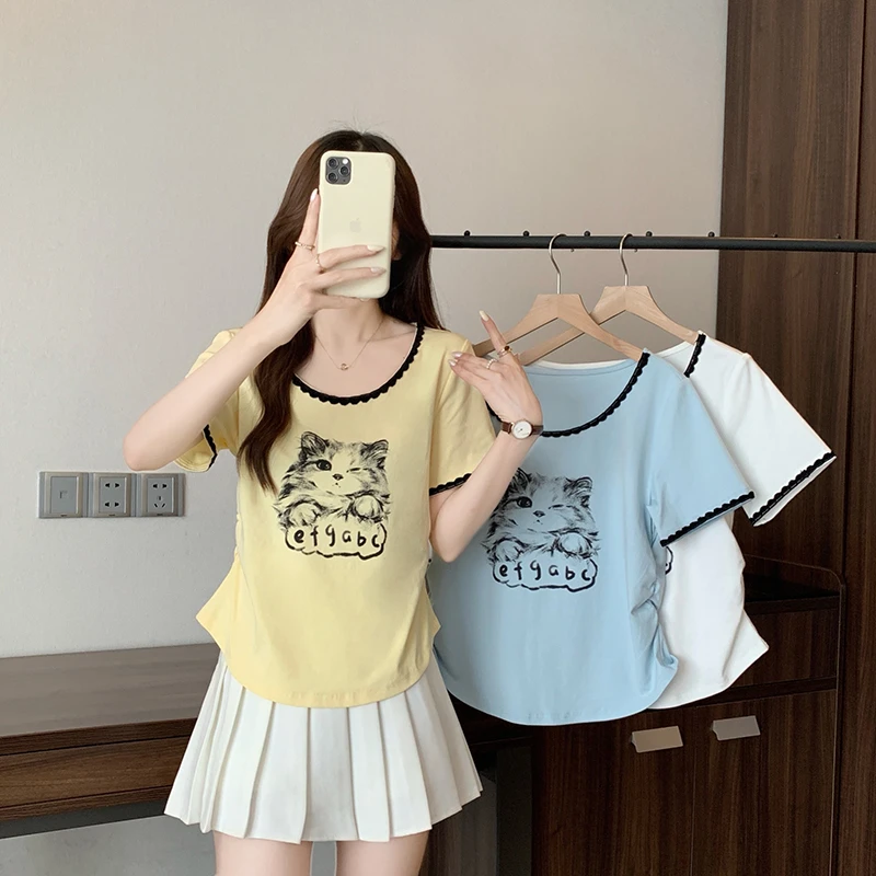 2025夏装新款胖mm大码女撞色拼接卡通印花花边短袖T恤 A1634