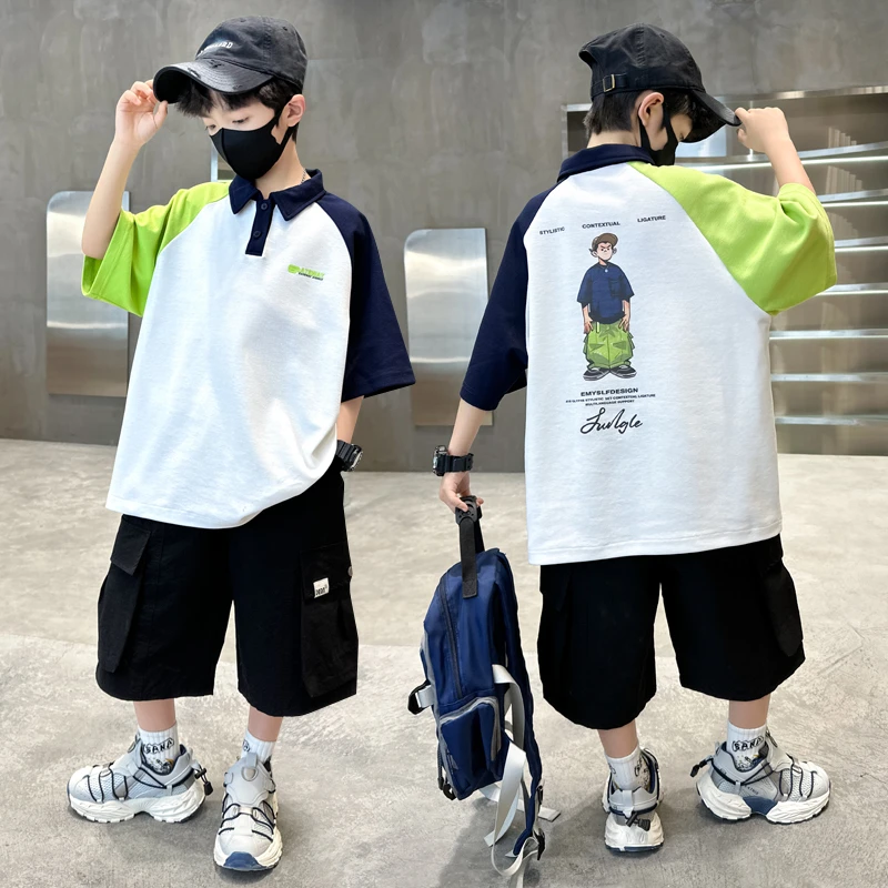 男童夏装儿童夏季polo衫套装2025新款中大童洋气男孩宽松夏款潮酷