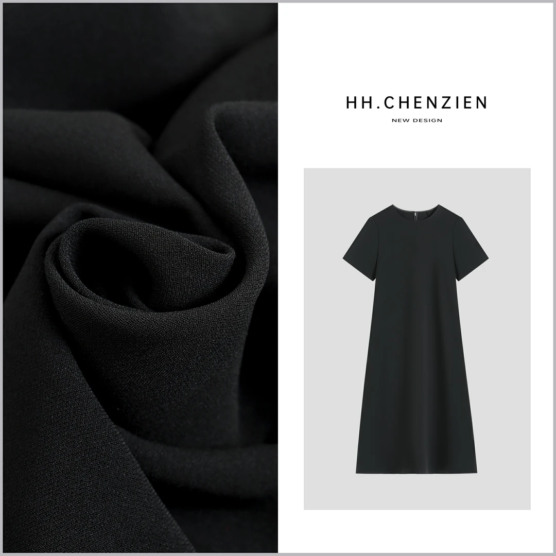 【黑黑家】“老板自留”夏季新款圆领短袖设计净版连衣裙