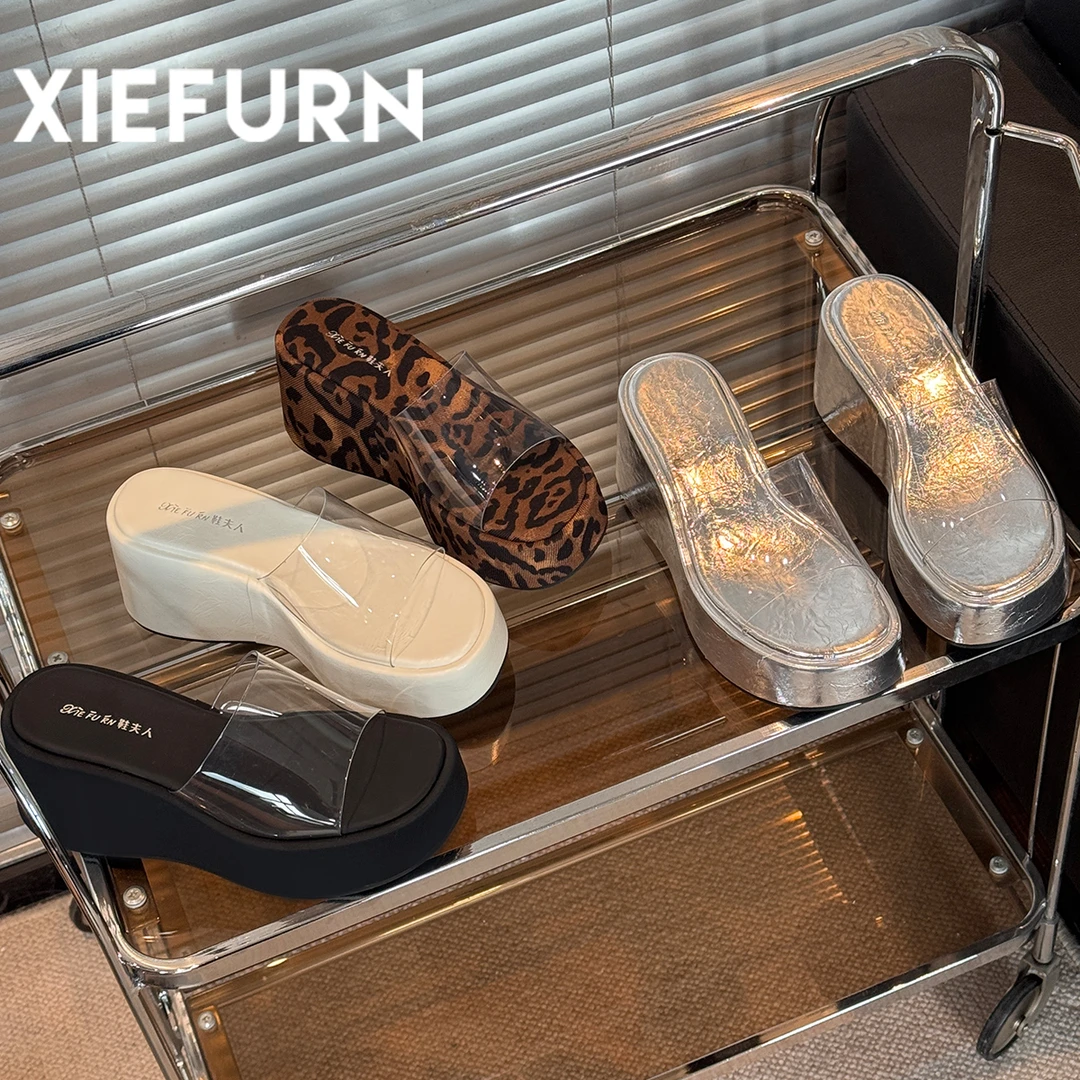 XIEFURN/鞋夫人豹纹厚底拖鞋女款夏季新款高级感透明带增高凉拖鞋