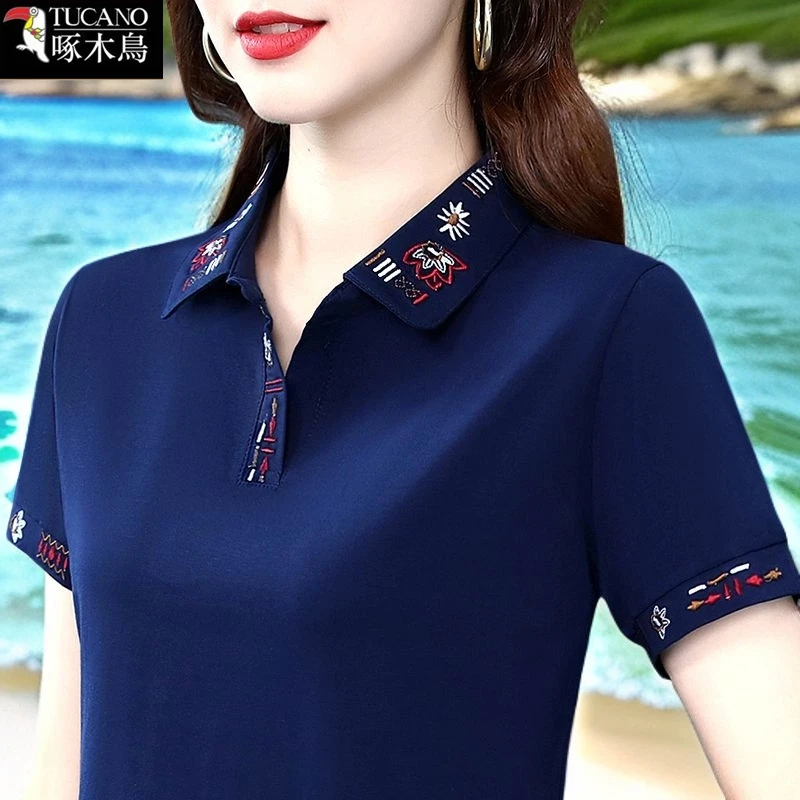 啄木鸟短袖修身显瘦女士T恤刺绣夏装2025年新款夏季运动翻领上衣