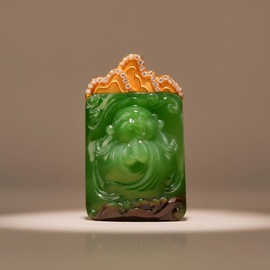 传世级 俄七聚红皮辣阳绿正装抱抱佛牌 18K 41*24*12mm± H111319