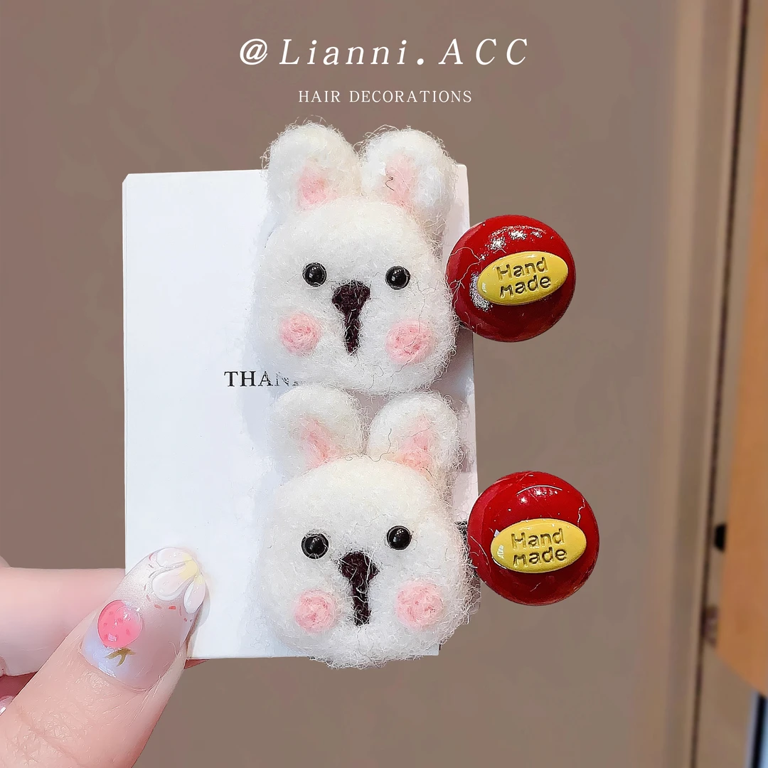 秋冬新款趣味卡通羊毛毡甜美小兔子发夹可爱少女百搭鸭嘴夹侧边夹